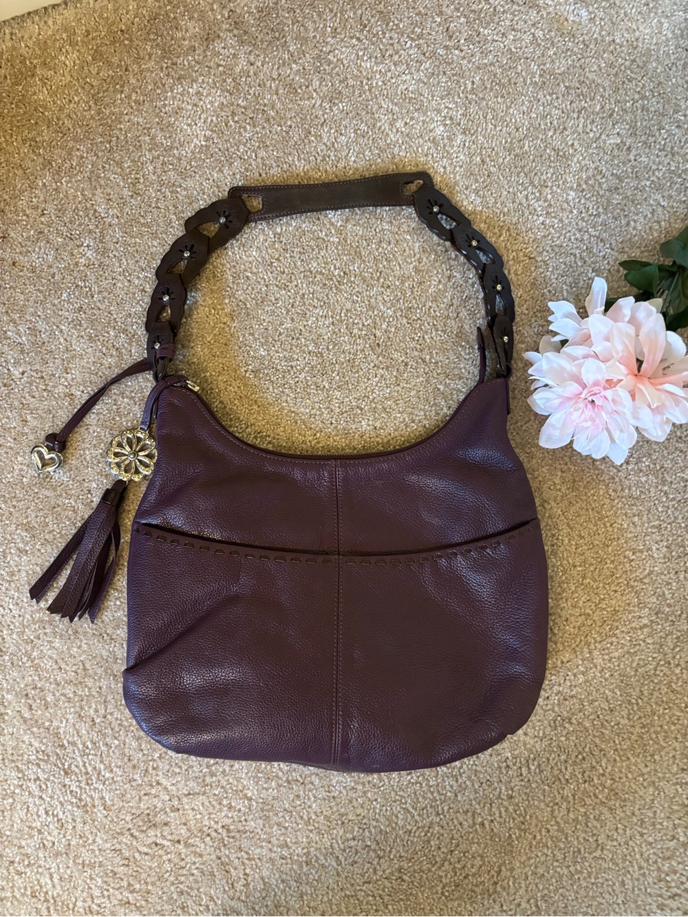 Brighton Plum Leather Shoulder Bag with Braided Strap